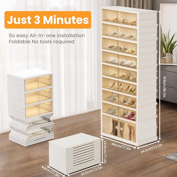 Foldable Shoe Organizer Storage Box, Portable Extra Large Folding Shoe Rack for Closet, Shoe Storage Box with Magnetic Transparent Door and Wheels, 9 Layers 18 Grids with 2 Big Grids