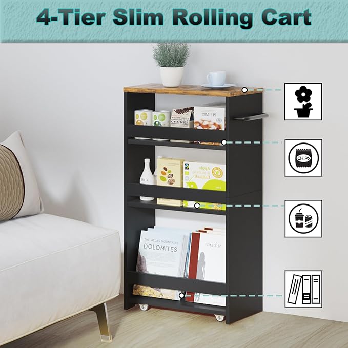 MARTY Rolling Storage Cart 7.9" W, 4-Tier Kitchen Cart with Wheels Handle, Slim Storage Cart Mobile Shelving Utility Carts for Bathroom Laundry Room Organization Narrow Places (Black)