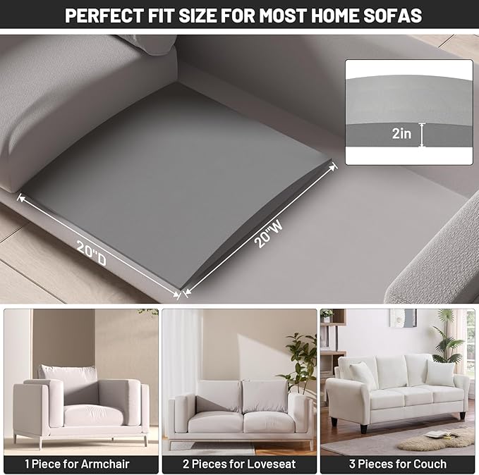 Couch Cushion Support for Sagging Seat - 20" x 20" High-Density Curved Foam Sofa Cushion Support Board, Couch Supporter for Under The Cushions, Grey Set of 2