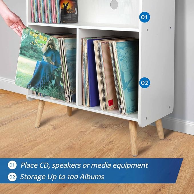 Mid-Century Wood Record Player Stand, Large Vintage Turntable Stand for Living Room, Office, 3-Tier Vinyl Record Storage Cabinet Table Holds up to 100 Albums, White