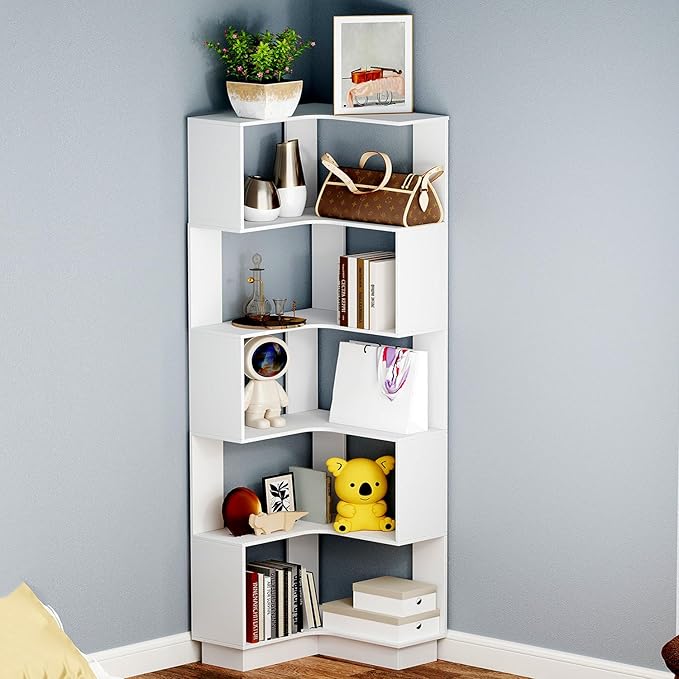 Corner Bookshelf, 68.9" Tall Wooden Corner Bookcase 5 Tiers L-Shaped Storage Freestanding Display Rack Large Open Bookshelf with Fixture for Living Room Bedroom Study Office (White)