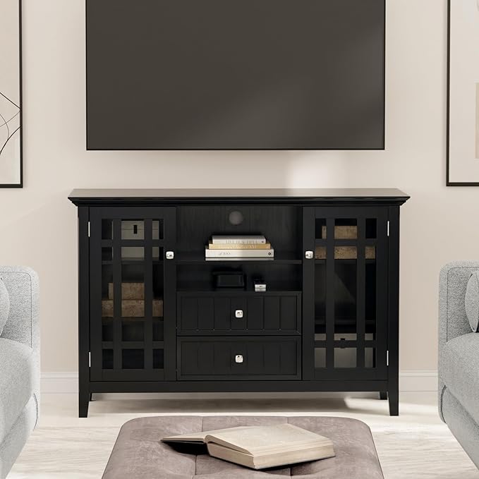 SIMPLIHOME Bedford Solid Wood 53 inch Wide Transitional TV Media Stand in Black for TVs up to 60 inches for The Living Room and Entertainment Center