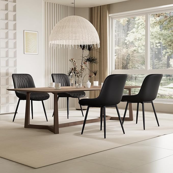 YOUNIKE Black Dining Chairs Set of 2 with High Backs Mid Century Modern Kitchen & Dining Room Chairs PU Faux Leather Upholstered Wide Seat Accent Chair Comfortable Large Padded Side Chair Metal Legs