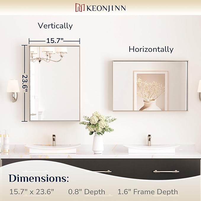 Keonjinn 16 x 24 in Brushed Nickel Bathroom Mirror, Rectangular Metal Framed Vanity Mirror for Wall Square Corner Aluminum Alloy Modern Rectangle Mirror(Horizontal/Vertical)