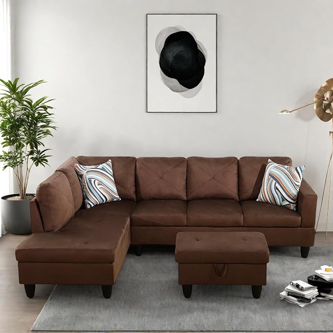 Modern Living Room Furniture Sets with Pillows, Modular Sectional Couches with Chaise Lounge, 4-Seaters L Shape Sofa with Storage Ottoman, for Living Room, Microfiber, Brown