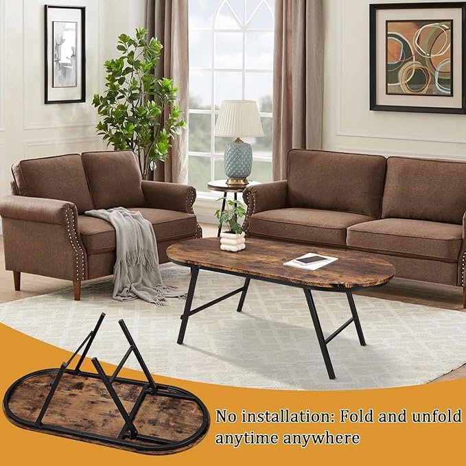 Folding Coffee Table for Living Room Industrial Brown Small Low Table Wooden Foldable Coffee Tables Oval Floor Desk Table for Small Spaces Home Office