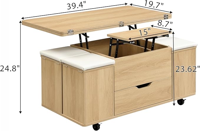 Merax Multi-Functional Lift-Top Coffee Table with Hidden Storage and Stools,Multi-Function Modern Center Table with 4 Stools and Casters,Perfect for Modern Living Spaces, Natural & White
