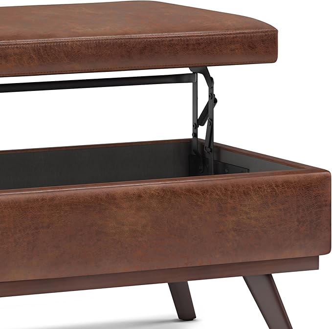 SIMPLIHOME Owen 42 inch Wide Mid Century Modern Rectangle Lift Top Large Coffee Table Storage Ottoman in Distressed Saddle Brown Vegan Faux Leather, Assembled, for the Living Room and Entryway