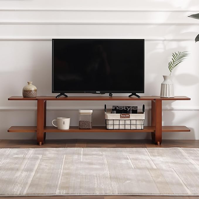 Welnow Bamboo TV Stand for Up to 65 Inch, Mid Century Modern Entertainment Center with 2-Tier Open Shelves, Storage Media Console Table for Living Room, Bedroom, Walnut