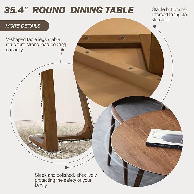 Walnut Round Dining Table for 4, 35.4" Small Wood Round Kitchen Table with Solid Wood Legs, Mid Century Modern Dining Room Tables for Home, Restaurant,Circle Coffee Table for Small Space