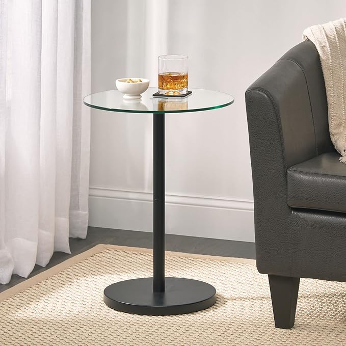 mDesign Glass Top Side/End Drink Table - Tall Modern Round Accent Metal Nightstand Furniture for Living Room, Dorm, Home Office, and Bedroom - 16" Round - Clear/Matte Black