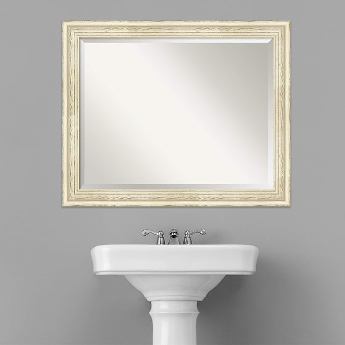 Amanti Art White Bathroom Mirror for Over Sink, 27x33 Country White Wash Rectangle Vanity Mirror, Large Rustic Farmhouse Wood Frame, Hangs Horizonally and Vertically, Bathroom Wall Decor, Beveled Edge
