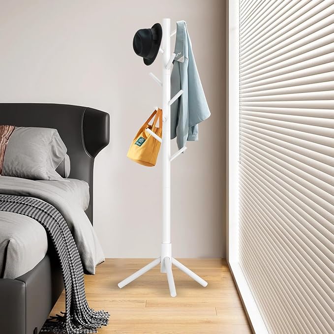 Wooden Coat Rack Stand, Freestanding Coat Rack with 8 Hooks, 3 Adjustable Size Coat Tree for Hats, Coats, Scarves bags, Coat Hanger Stand Used in Bedroom/Office/Entryway （White）