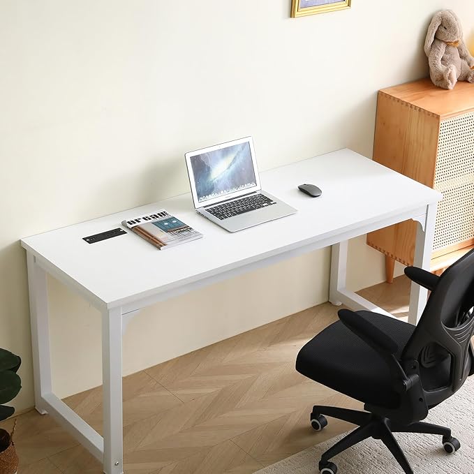 Large Computer Desk - 63 Inch Home Office Desks Study Student Writing Table Gaming Desk Wood Modern Simple Table with USB Ports, White