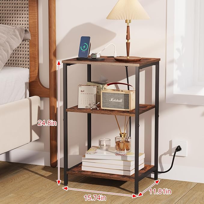 X-cosrack Side Table with Charging Station, End Table with USB Ports and Outlets, Nightstand with Storage Shelves for Small Space, Sofa Couch Table Bedside Table for Living Room Bedroom