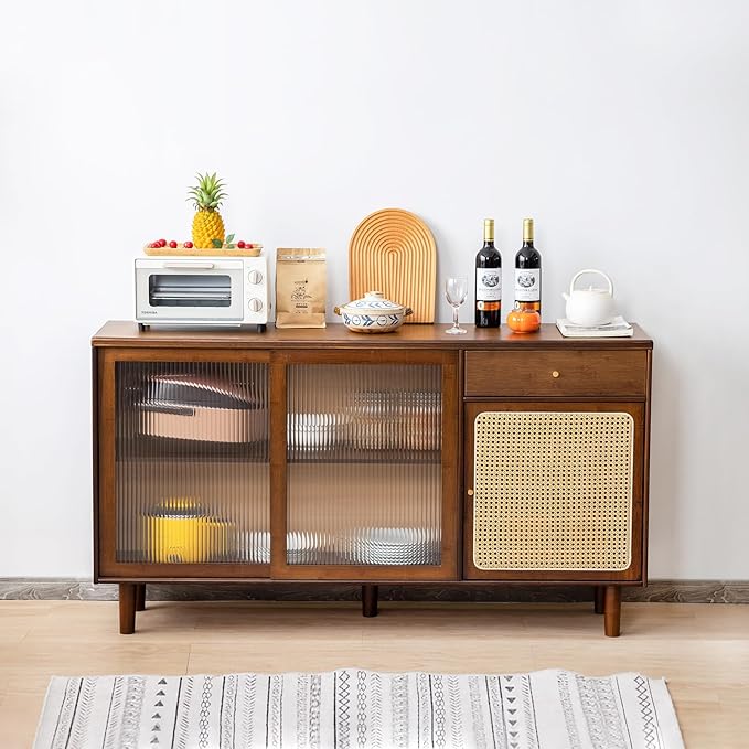 Tiita Bamboo Sideboard Buffet Cabinet, Rattan Kitchen Storage Cabinet with Drawer, Boho Coffee Bar Tables for Kitchen Hallway Office, Walnut
