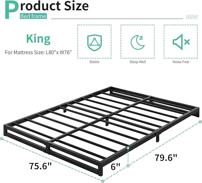 6 Inch King Size Bed Frame Sturdy Mattress Foundation, Heavy Duty Metal Platform with Steel Slats Support No Box Spring Needed, Noise Free, Easy Assembly, Black