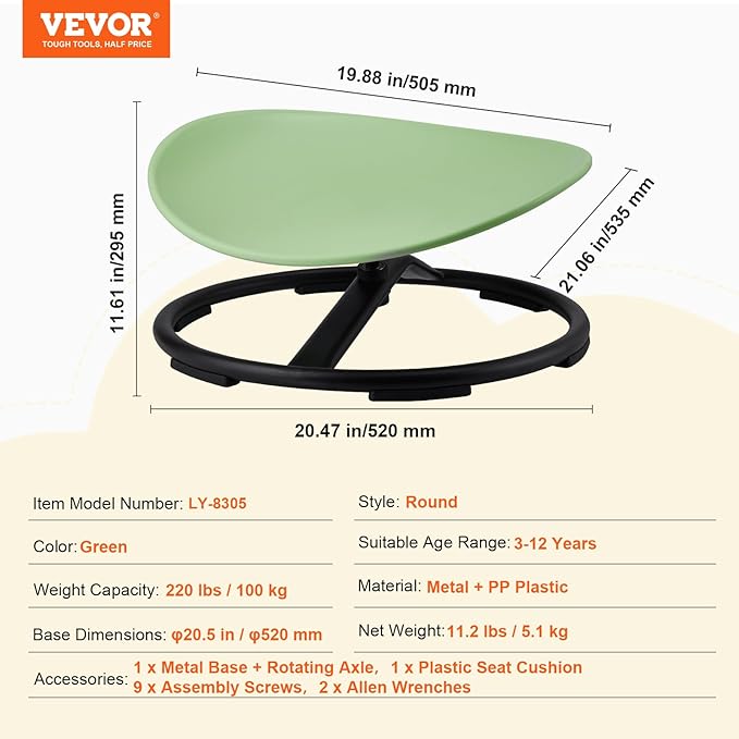 VEVOR Kids Swivel Chair, 220 LBS Capacity, Sensory Spinning Chair, Autistic Kids Sensory Toy with Non-Slip Metal Base, Toddler Sit and Spin for Coordination Balance Focus Training Green