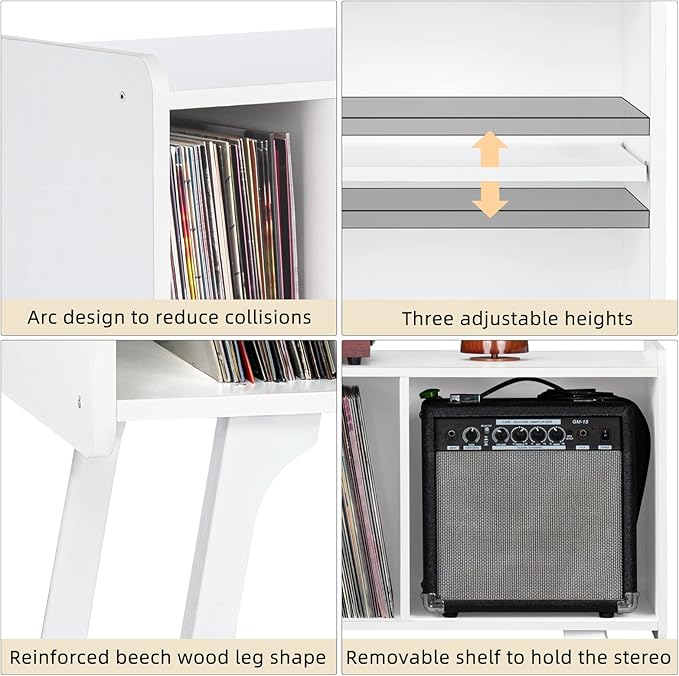 Lerliuo Record Player Stand with 4 Cabinet Holds Up to 220 Albums, Large Turntable Stand with Beech Wood Legs, Mid-Century Record Player Table,White Vinyl Holder Storage Shelf for Bedroom Living Room
