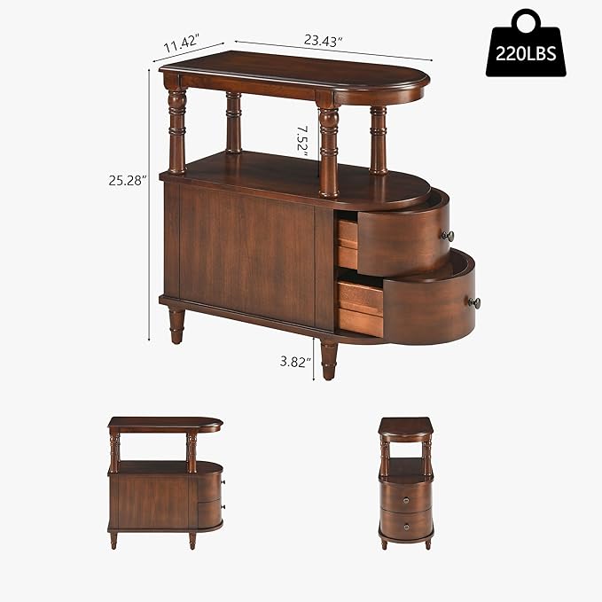 Wood End Table with 2 Drawers and Storage Shelf, Narrow Sofa Side Table for Living Room, Vintage Slim Nightstand Bedside Table for Bedroom, Slim Chair Side Table Cherry Walnut BG-A508-CY
