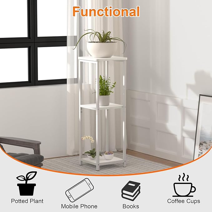 10" Wide Square Drink Table with Adjustable Feet - 3-Tier Small Side Table for Apartments, Balcony & Office | Space-Saving, Lightweight & Multi-Functional (Plants, Books, Drinks, White)
