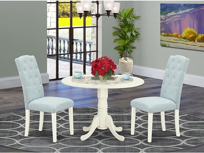 East West Furniture DLCE3-WHI-15 3 Piece Dining Table Set Contains a Round Dining Room Table with Dropleaf and 2 Baby Blue Linen Fabric Upholstered Chairs, 42x42 Inch, Linen White