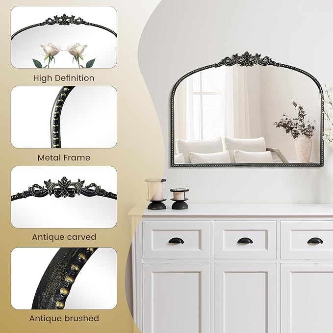 WallBeyond Black Antique Arched Vintage Wall Mirror, 24x32 Inch, Iron Frame, Bathroom, Living Room, Entryway