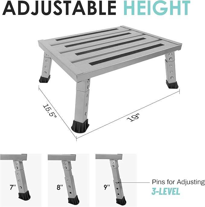 Adjustable Height Aluminum RV Step, Stable Foldable Platform Step Stool, Supports Up to 1,000 lb, Non-Slip Rubber Feet and Platform Mat, Easy to Carry (Silver)
