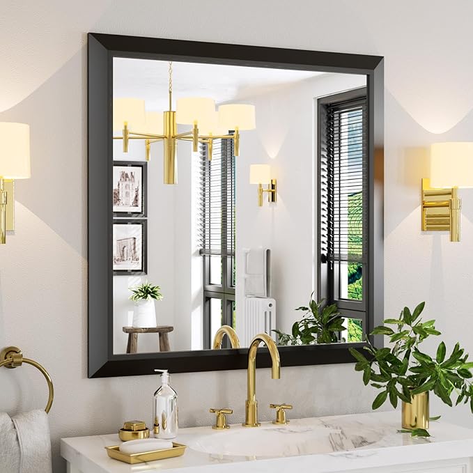 Amorho Black Bathroom Mirror, 36x36 Inch Thick Metal Framed Wall Mirrors for Over Sink, Bedroom, Living Room, Entryway, Rectangle Wall-Mounted Mirrors(Horizontal/Vertical).