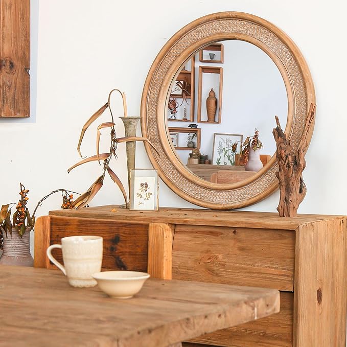 Micasso Round Rattan Wall Mirror: 30" Purely Handmade Wooden Frame Wicker Mirror - Rustic Shabby Chic Boho Bamboo Mirrors for Farmhouse/Bathroom/Bedroom/Living Room/Entryway/Home Decor