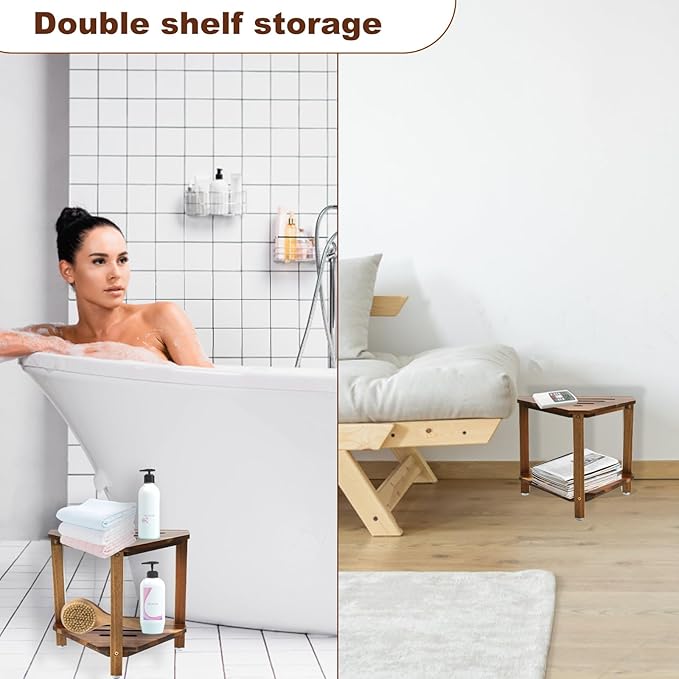 IBosins Corner Shower Stool with Storage Shelf Shower Foot Rest for Shaving Legs Small Bench for Inside Shower to Sit on Bath Seat - Acacia Wood