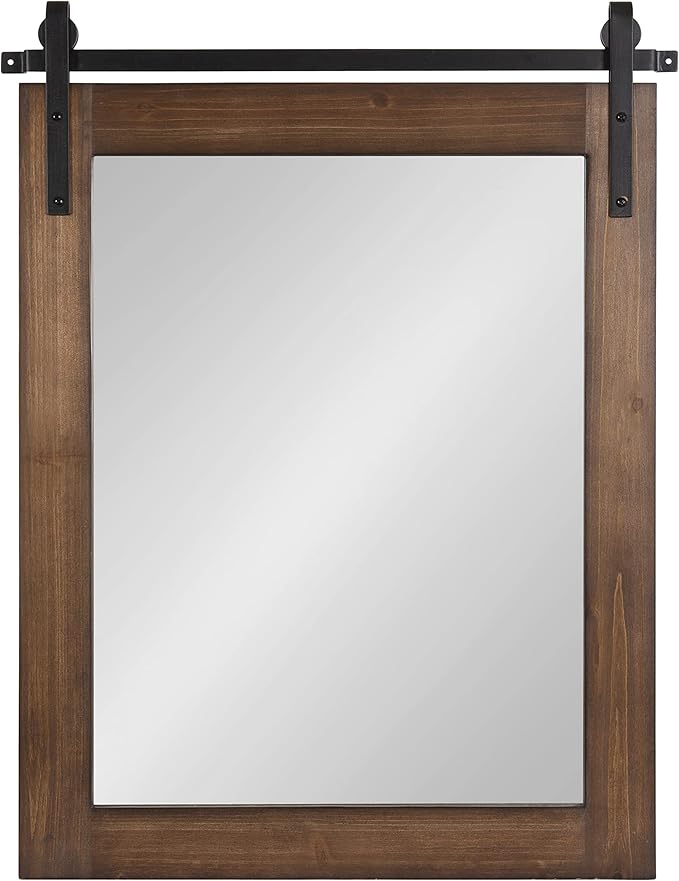 Kate and Laurel Cates Refined Decorative Framed Wall Mirror; 24 x 30; Walnut Brown; Farmhouse Barn Door-Inspired Wall Decor with Substantial Frame and Modern Charm