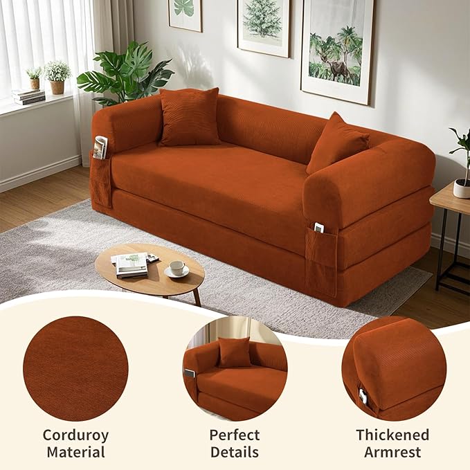 80" Convertible Sofa Bed, 3-in-1 Corduroy Folding Pull Out Couch with Pillows, No Assembly Modern Boneless Couch Compression Sofa in Box, Floor Sofa with Side Storage Pocket for Living Room, Orange