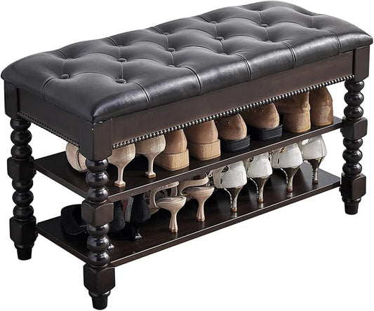 Shoe Storage Bench, Entryway Shoe Rack with Leather Seat 2-Tier Lift-top Organizer Wooden Bench for Foyer Bedroom Living Room Accent Furniture (31.5'')
