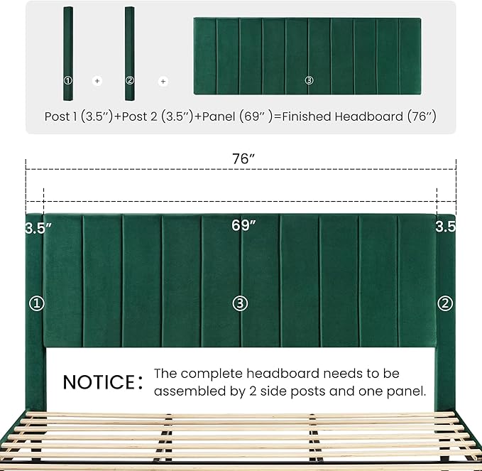 SHA CERLIN King Bed Frame/Velvet Upholstered Platform Bed Frame with Headboard/Strong Wood Slats Support/Mattress Foundation/No Box Spring Needed - Green