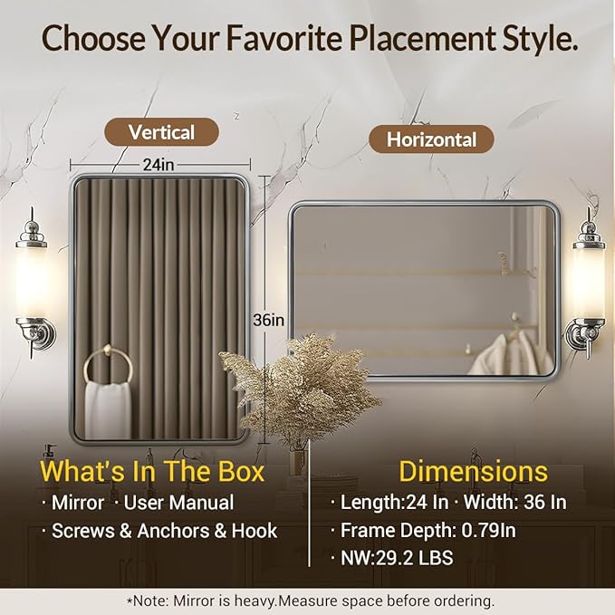ANDY STAR 24x36 Brushed Nickel Bathroom Mirror, Stainless Steel Metal Frame with Rounded Corner Rectangle Bathroom Mirror for Over Sink, Modern Silver Mirror for Bathroom, Power Room, Living Room