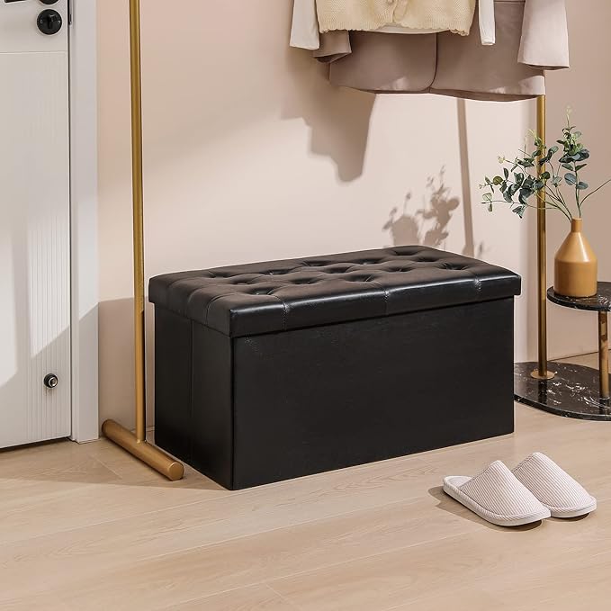 PRANDOM Extra Large Ottoman with Storage [1-Pack] Faux Leather Folding Small Square Foot Stool with Lid for Living Room Bedroom Coffee Table Dorm Black 30.5x15x15 inches