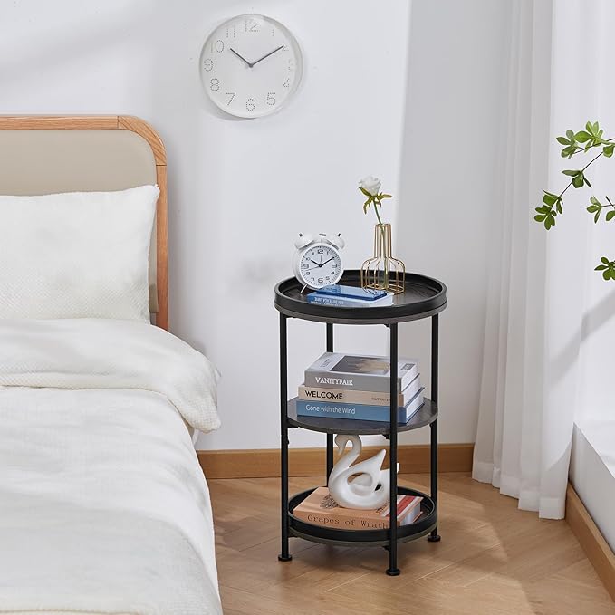 Dulcii Side Table, Round End Table with 3 Shelves for Living Room, Bedroom, Nightstand with Steel Frame for Small Spaces, Industrial Round Sofa Table, Outdoor Accent Coffee Table, Grey