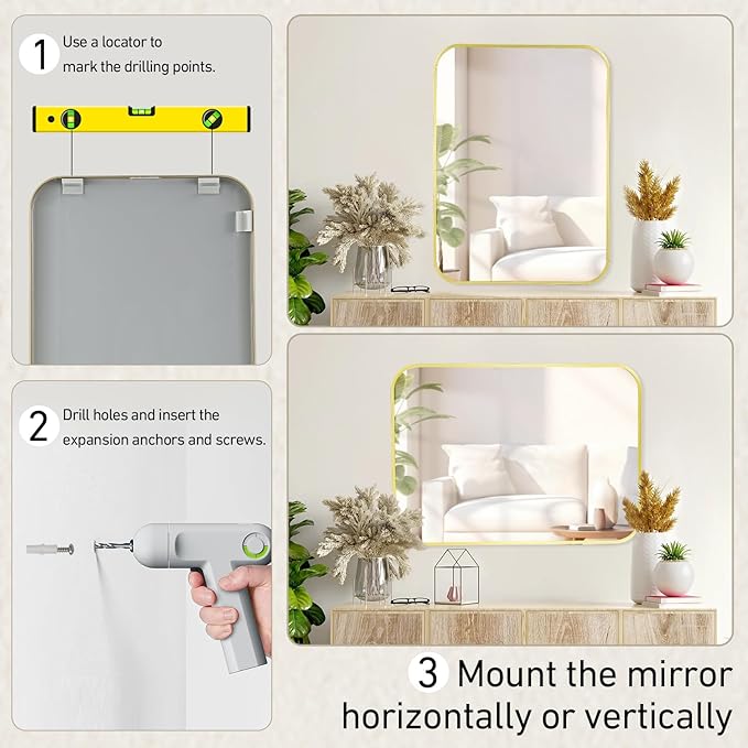 24x36 Inch Bathroom Mirror for Wall,Matte Gold Framed Rectangle Mirror with Rounded Corner,Aluminum Alloy Framed Brushed Wall Mirror for Bedroom or Living Room,Vertical or Horizontal