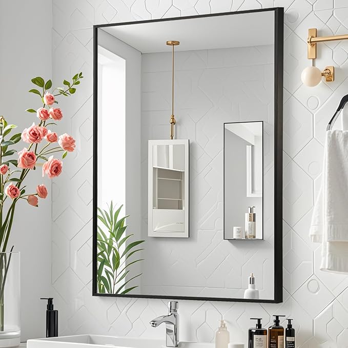 Black Bathroom Mirror, 22"x30" Rectangle Mirror, Matte Black Mirror, Metal Frame Square Corner Vanity Mirror, Wall Mounted Mirror for Modern, Living Room, Bedroom, Horizontal Or Vertical