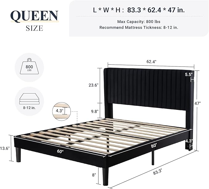 Allewie Queen Size Velvet Bed Frame/Vertical Channel Tufted Wingback Headboard/Upholstered Platform Bed/Strong Wooden Slats/No Box Spring Needed/Easy Assembly/Black