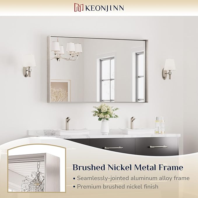 Keonjinn 48 x 30 in Brushed Nickel Bathroom Vanity Mirror, Rectangular Silver Metal Framed Wall-Mounted Mirror Square Corner Modern Farmhouse Rectangle Mirror for Over Sink(Horizontal/Vertical)