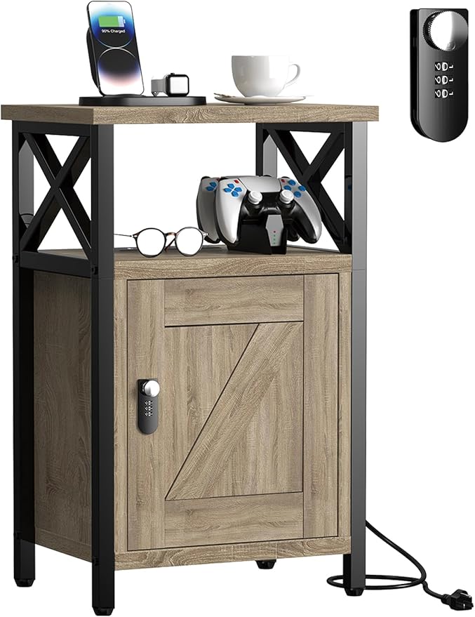 Wooden Nightstand with Lock, Bed Side Table with Drawers, Bedside Table with Charging Station, 3 USB & 2 Outlets, Night Stand with Storage, End Tables for Living Room, Bedroom, Greige