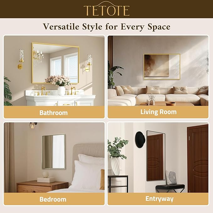 TETOTE Brushed Gold Vanity Mirror for Bathroom 40" x 24" Brushed Brass Rectangle Beveled Framed Bathroom Wall Mirror for Over Sink, Tempered Glass, Modern Farmhouse Bedroom, Entryway, Living Room