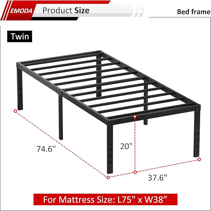 EMODA 20 Inch Twin Bed Frame No Box Spring Needed, Heavy Duty Tall Metal Twin Platform Bed Frames with Large Storage Space, Noise Free, Easy Assembly, Black