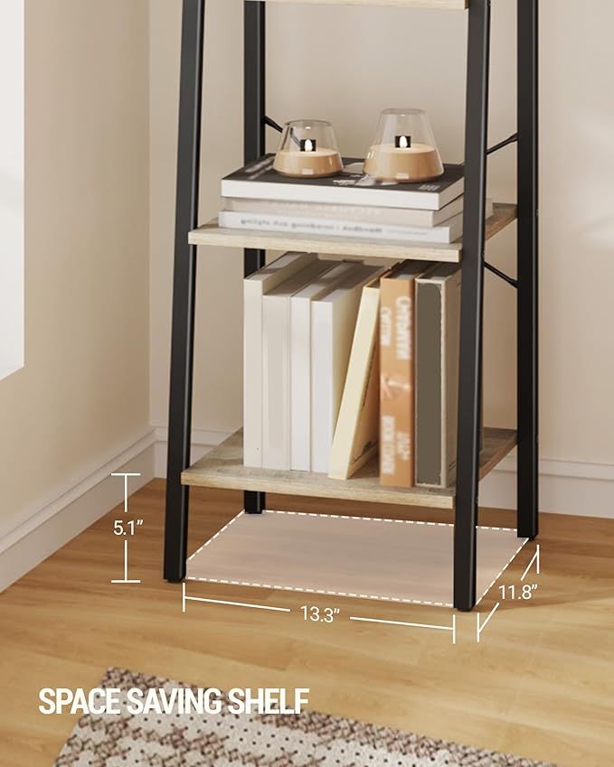 Ladder Shelf, Bookshelf Bookcase, Freestanding Corner Storage Shelve with 2 Hooks for Home Office, Living Room, Kitchen, Bedroom, Industrial, 4-Tier Greige BC13205B