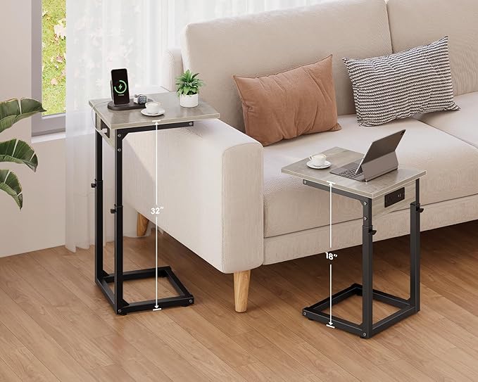 Vagusicc C Shaped End Table with Charging Station, 33" Tall Side Table for Couch, C Table Adjustable Height Small Couch Side Table, Slide Under Sofa Table TV Tray Table for Living Room, Bedroom, Grey