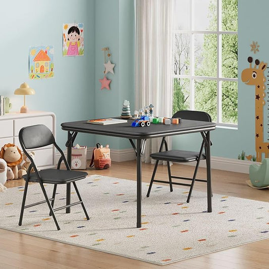 IDEALHOUSE 3 Piece Folding Kids Table and Chairs Set, Children Activity Table and Chairs Set for Dining Room,Daycare,Classrooms
