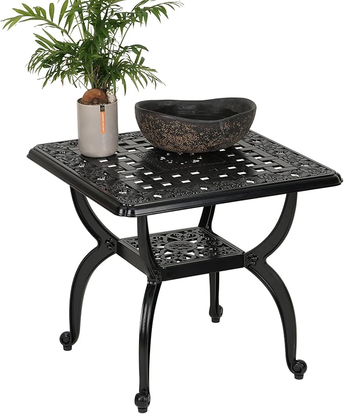 JARDIN DE CENTENNIAL Cast Aluminum Outdoor Side Table,Anti-Rust Outdoor End Table,Patio Coffee Bistro Table for Indoor,Garden,Porch,Balcony(Square Black)