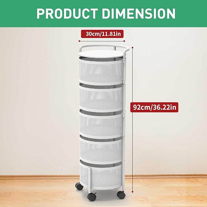 JAQ Rotating Fruit Basket, 5-Tier Metal Sturdy Kitchen Storage Rack Carts No Assembly on Rolling Wheels for Fruit Vegetable Grocery Corns Potato Onion in Bathroom(White, 5-Tier)